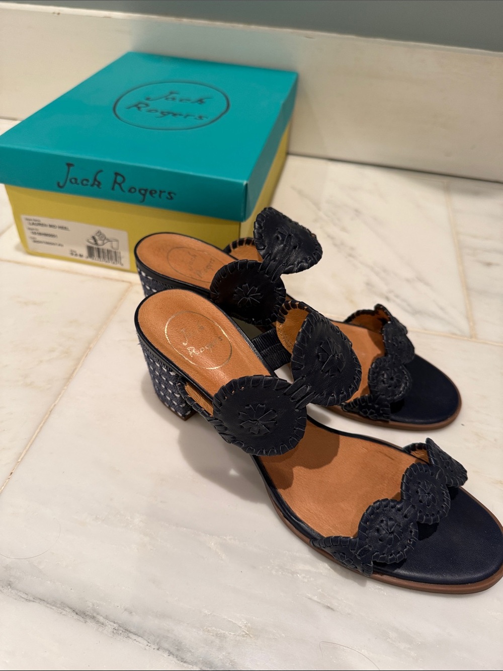 Jack Rogers Navy Leather Cutout Block Heel Sandals size 9.5